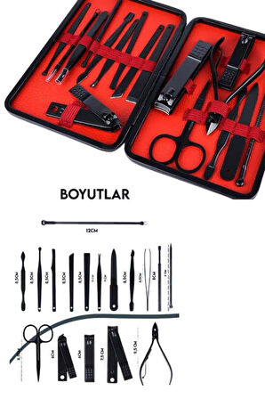 Deri Çantalı Siyah Paslanmaz Çelik 17 Parça Manikür Pedikür Seti