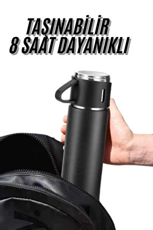 Termos Seti 3'lü Bardak Seti Isı Dayanıklı Siyah Paslanmaz Çelik Vakumlu