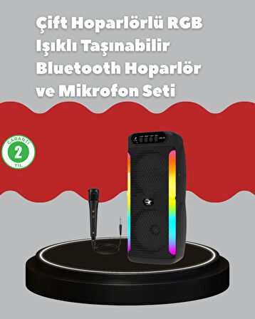 Çift 4 inç Hoparlörlü RGB Işıklı Bluetooth Ses Sistemi