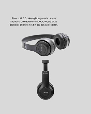 Bluetooth 5.0 Kablosuz Kulaklık – Extra Bass TF Kart Desteği 3.5mm AUX Girişli