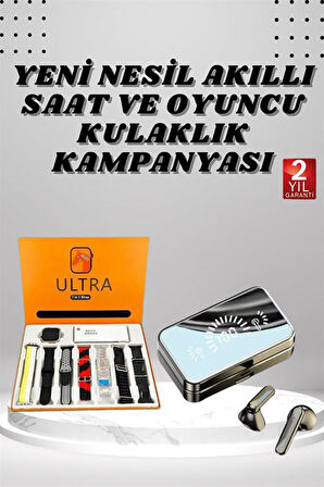 Aynalı Bluetooth Kulaklık ve 7 Kordonlu Akıllı Saat Dijital Göstergeli Uzun Pil