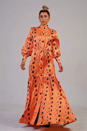 Markano Turuncu Hakim Yaka Desenli Etekleri Volanlı Saten Uzun Elbise