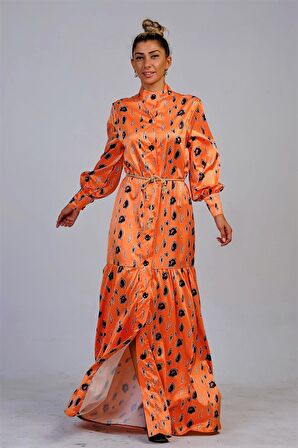 Markano Turuncu Hakim Yaka Desenli Etekleri Volanlı Saten Uzun Elbise