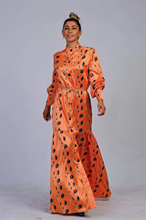 Markano Turuncu Hakim Yaka Desenli Etekleri Volanlı Saten Uzun Elbise
