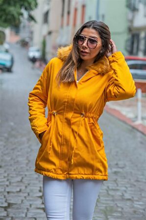 Markano Hardal Kapüşonu Kürklü İçi Kürklü Gabardin Mont