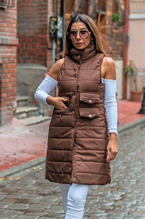 Markano Kahverengi Dik Yaka Cep Detaylı Uzun Şişme Yelek