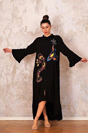 Markano Siyah Dik Yaka Kol Ve Etek Ucu Fırfırlı Cepli Nakışlı Oversize Uzun Elbise