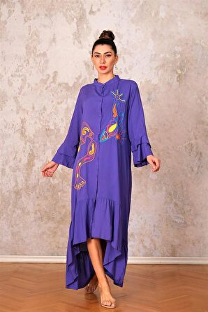 Markano Mor Dik Yaka Kol Ve Etek Ucu Fırfırlı Cepli Nakışlı Oversize Uzun Elbise