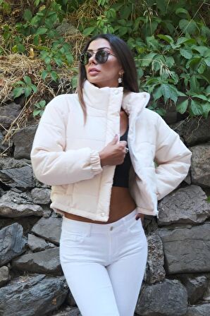 Markano Bej Dik Yaka Çıtçıtlı Fermuarlı Kısa Şişme Mont