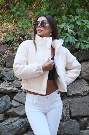 Markano Bej Dik Yaka Çıtçıtlı Fermuarlı Kısa Şişme Mont