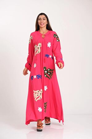 Markano Pembe Sıfır Yaka Önü ve Kolları Nakışlı Püsküllü Uzun Elbise