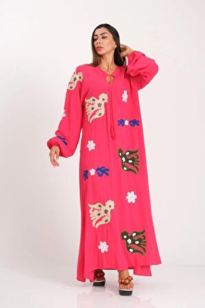 Markano Pembe Sıfır Yaka Önü ve Kolları Nakışlı Püsküllü Uzun Elbise
