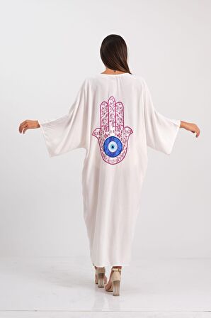 Markano Beyaz V Yaka Sırtı Fatima Eli Nakışlı Cepli Oversize Uzun Gömlek Elbise 