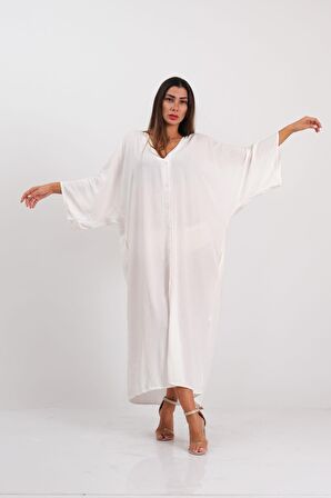 Markano Beyaz V Yaka Sırtı Fatima Eli Nakışlı Cepli Oversize Uzun Gömlek Elbise 