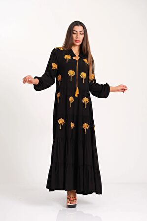 Markano Siyah Önü ve Kolları Palmiye Nakışlı Eteği Kat Kat Uzun Elbise