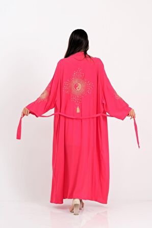 Markano Pembe Sırtı ve Kolları Nakışlı Püsküllü Uzun Kimono