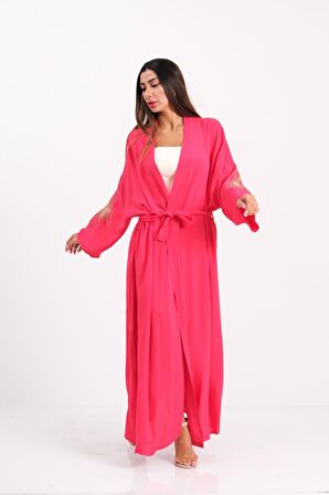 Markano Pembe Sırtı ve Kolları Nakışlı Püsküllü Uzun Kimono