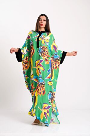 Markano Yeşil Çiçekli Sıfır Yaka Yarasa Kol Oversize Uzun Elbise