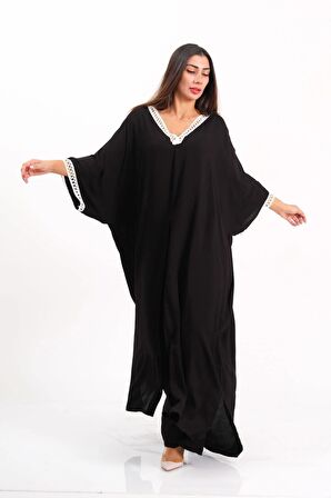 Markano Siyah V Yaka Dantel Detaylı Önden Yırtmaçlı Cepli Tunik Pantolon İkili Takım