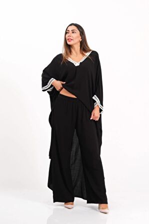 Markano Siyah V Yaka Dantel Detaylı Önden Yırtmaçlı Cepli Tunik Pantolon İkili Takım