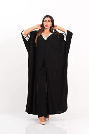 Markano Siyah V Yaka Dantel Detaylı Önden Yırtmaçlı Cepli Tunik Pantolon İkili Takım