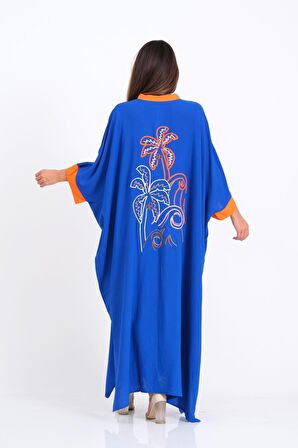 Markano Saks Mavi Sırtı Palmiye Nakışlı Yarasa Kol Oversize Uzun Elbise