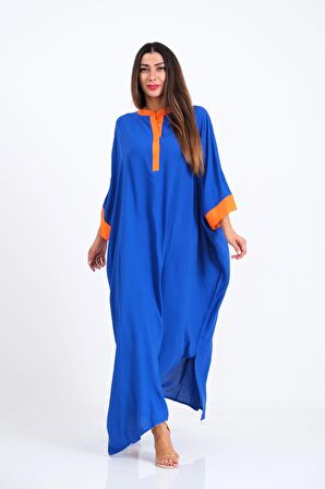 Markano Saks Mavi Sırtı Palmiye Nakışlı Yarasa Kol Oversize Uzun Elbise