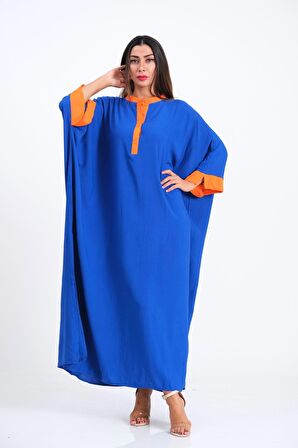Markano Saks Mavi Sırtı Palmiye Nakışlı Yarasa Kol Oversize Uzun Elbise