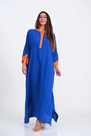 Markano Saks Mavi Sırtı Palmiye Nakışlı Yarasa Kol Oversize Uzun Elbise