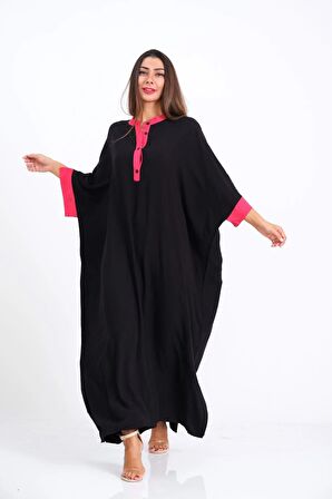 Markano Siyah Sırtı Palmiye Nakışlı Yarasa Kol Oversize Uzun Elbise