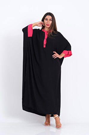 Markano Siyah Sırtı Palmiye Nakışlı Yarasa Kol Oversize Uzun Elbise