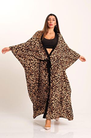 Markano Leopar Desenli Kemerli Tasarım Uzun Kimono