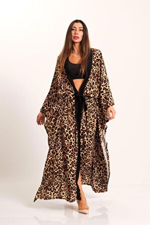 Markano Leopar Desenli Kemerli Tasarım Uzun Kimono