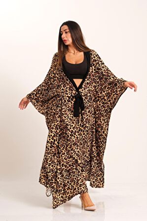 Markano Leopar Desenli Kemerli Tasarım Uzun Kimono