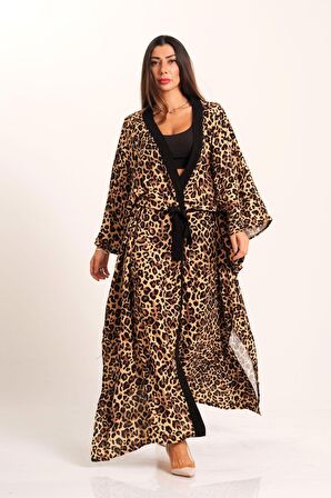 Markano Leopar Desenli Kemerli Tasarım Uzun Kimono