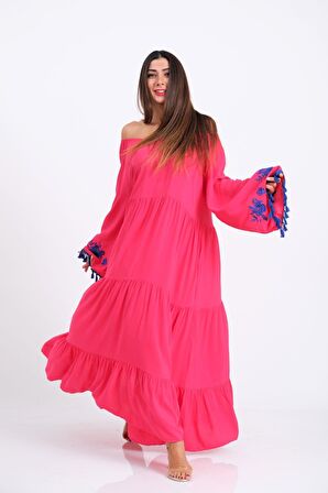 Markano Pembe Carmen Yaka Nakışlı İspanyol Kol Etekleri Kat Kat Uzun Elbise