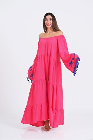 Markano Pembe Carmen Yaka Nakışlı İspanyol Kol Etekleri Kat Kat Uzun Elbise