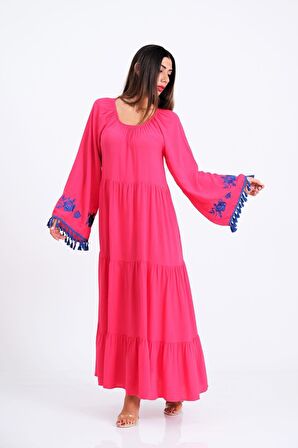 Markano Pembe Carmen Yaka Nakışlı İspanyol Kol Etekleri Kat Kat Uzun Elbise
