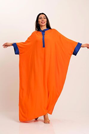 Markano Turuncu Sırtı Otantik Nakışlı Yarasa Kol Oversize Uzun Elbise