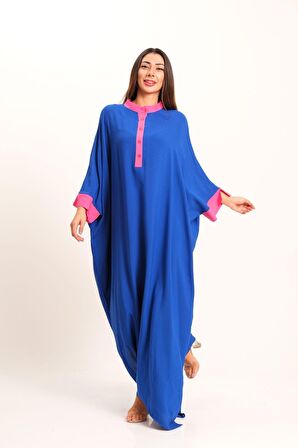 Markano Saks Mavi Sırtı Otantik Nakışlı Yarasa Kol Oversize Uzun Elbise