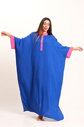 Markano Saks Mavi Sırtı Otantik Nakışlı Yarasa Kol Oversize Uzun Elbise