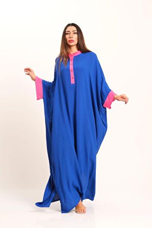 Markano Saks Mavi Sırtı Otantik Nakışlı Yarasa Kol Oversize Uzun Elbise