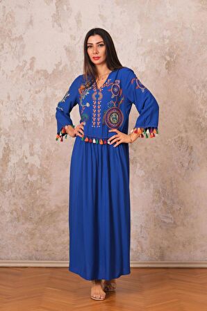 Markano Saks Mavi V Yaka Önü ve Kolları Otantik Nakışlı Püsküllü Uzun Elbise