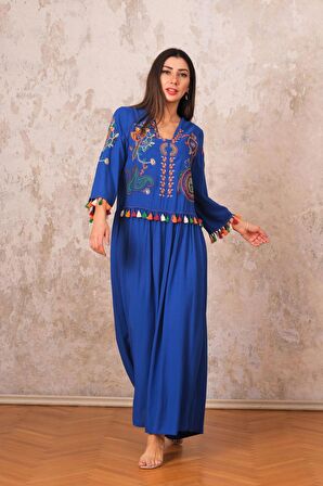 Markano Saks Mavi V Yaka Önü ve Kolları Otantik Nakışlı Püsküllü Uzun Elbise