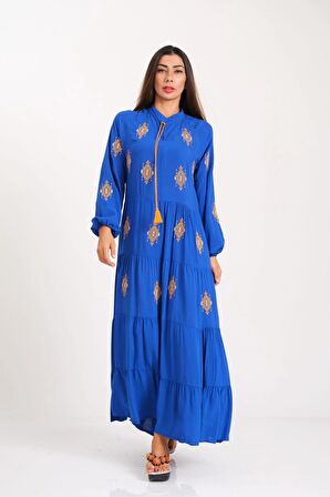Markano Saks Mavi Önü ve Kolları Otantik Nakışlı Eteği Kat Kat Uzun Elbise