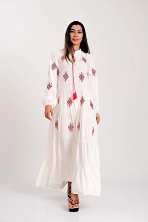 Markano Beyaz Önü ve Kolları Otantik Nakışlı Eteği Kat Kat Uzun Elbise