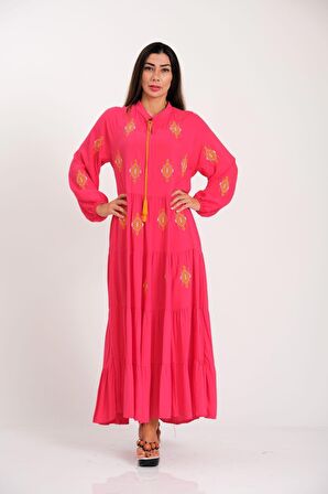 Markano Pembe Önü ve Kolları Otantik Nakışlı Eteği Kat Kat Uzun Elbise