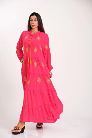 Markano Pembe Önü ve Kolları Otantik Nakışlı Eteği Kat Kat Uzun Elbise