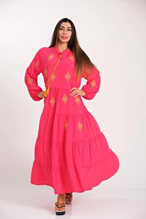 Markano Pembe Önü ve Kolları Otantik Nakışlı Eteği Kat Kat Uzun Elbise