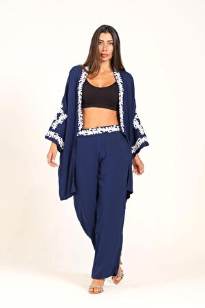 Markano Lacivert Aplike Nakışlı Cepli Tunik Pantolon İkili Takım